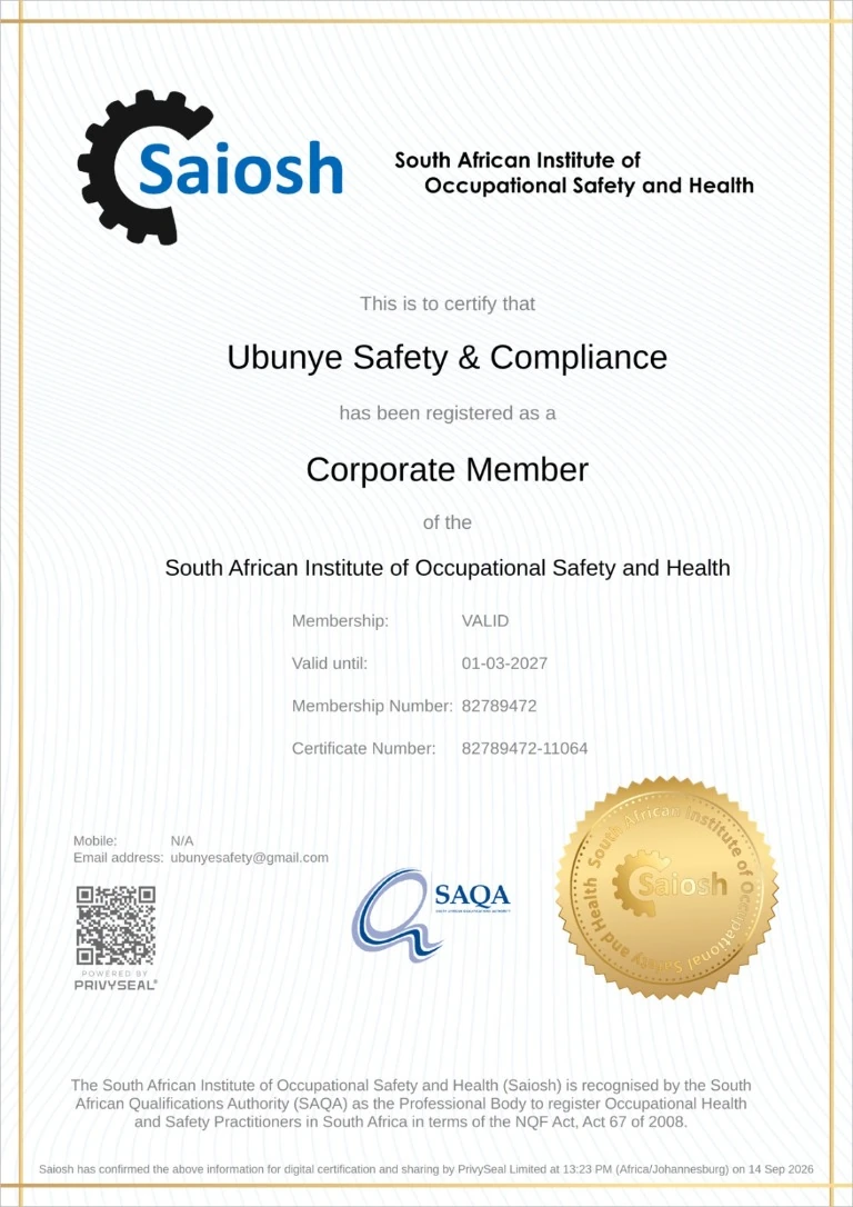 Original SAIOSH corporate membership certificate for UBUNYE Safety & Compliance